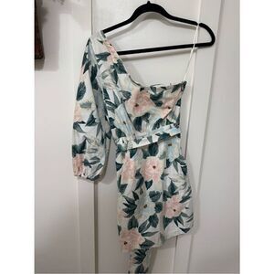 One-Shoulder Floral Mini Dress in White with Pink & Green